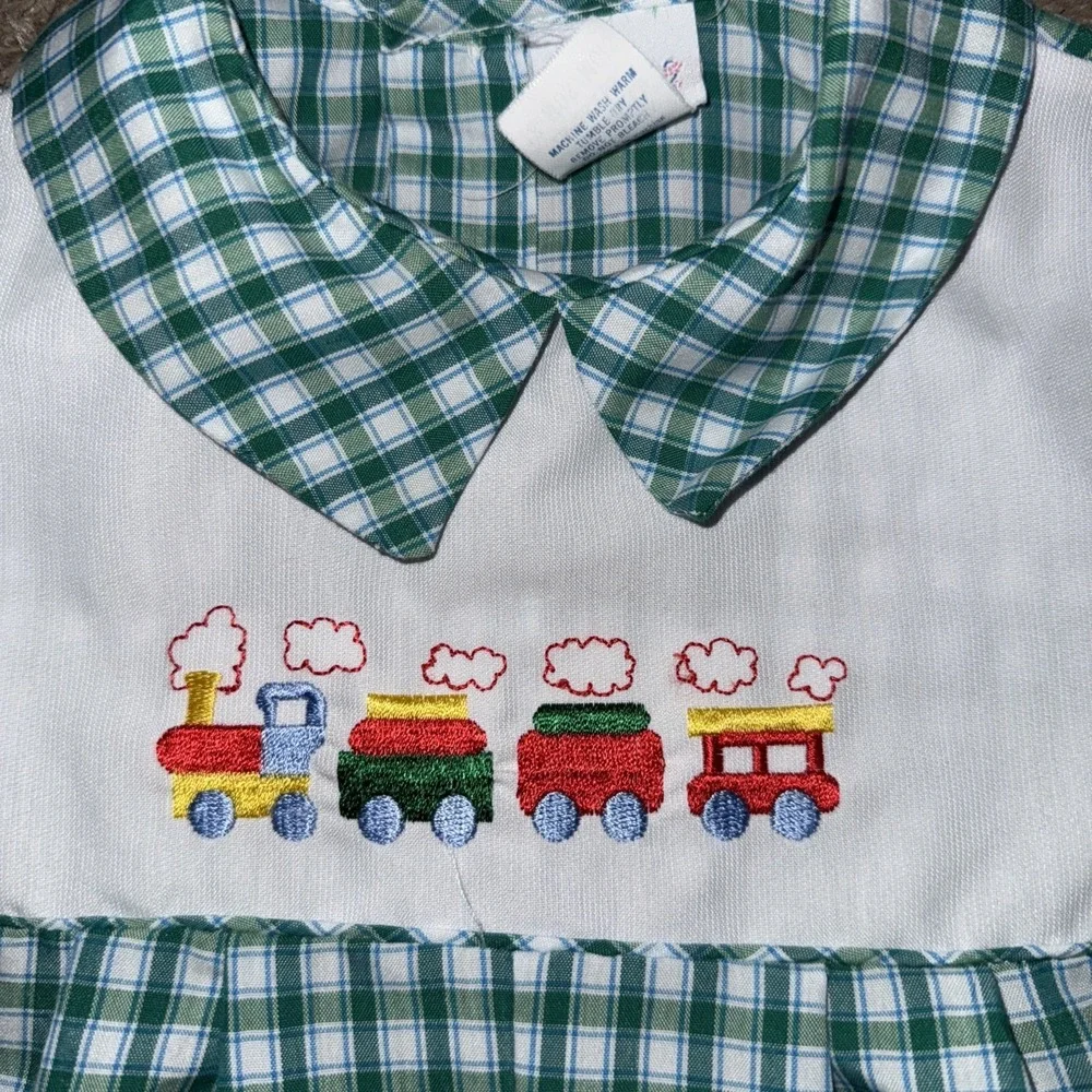 Vintage Alexis Romper Baby Boy 18 Mo‎ Green Gingham Embroidered Trains USA Made